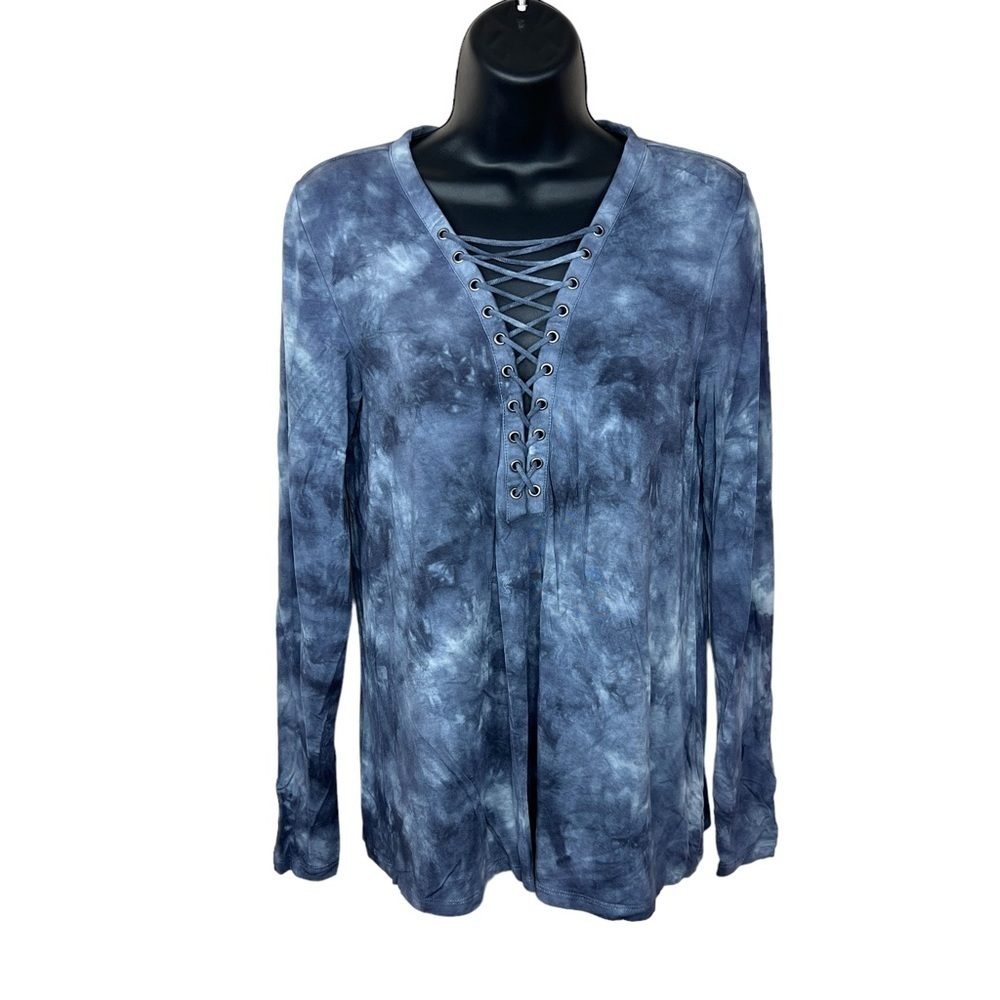 American Eagle Blue White Tie Dye Lace Up Neckline Long Sleeve Stretch